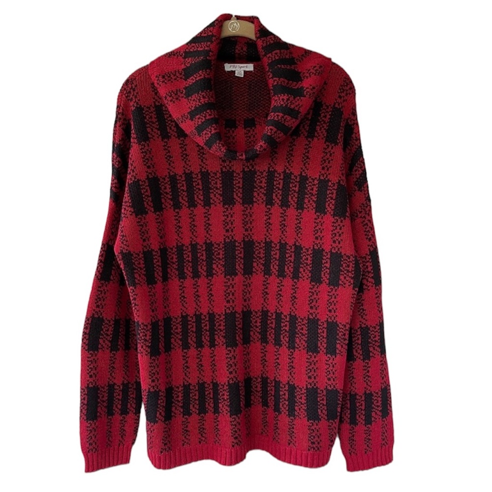 PBJ Sport Vintage Red and Black Plaid/Buffalo Check Cowl Neck Knit Sweater